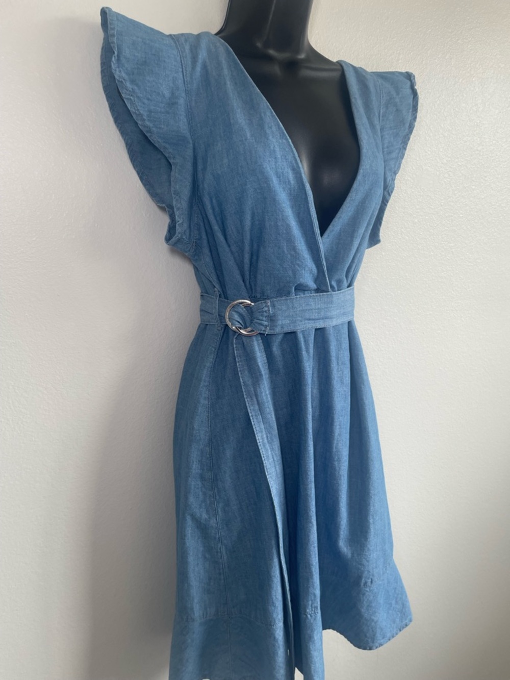 Topshop US 8 Chambray Denim Look Wrap Dress Flutter Sleeve Belted Midi Blue - Picture 3 of 11
